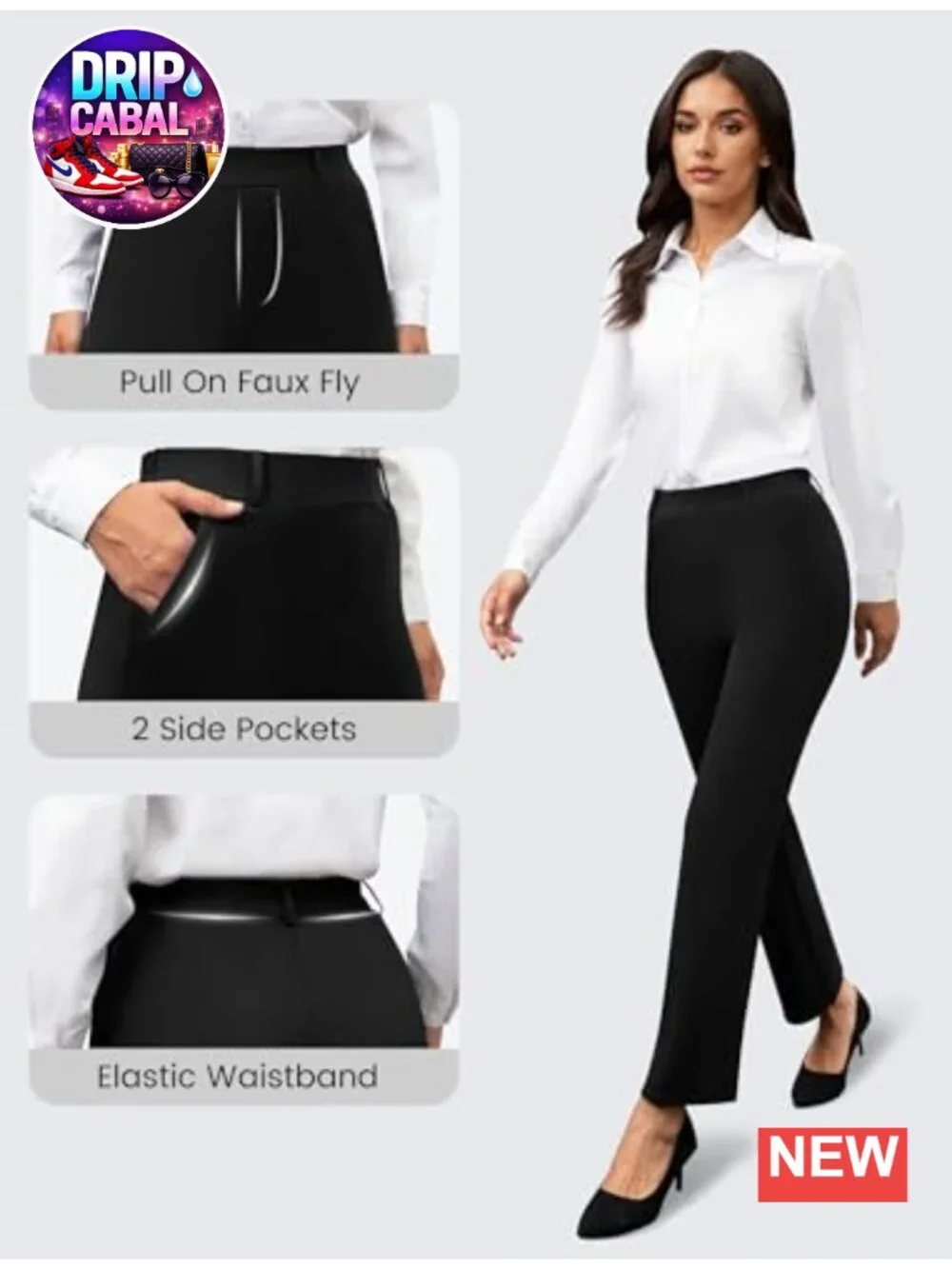Stretchy Straight Leg Dress Pants with Pockets High Waist Pull On Work Slacks